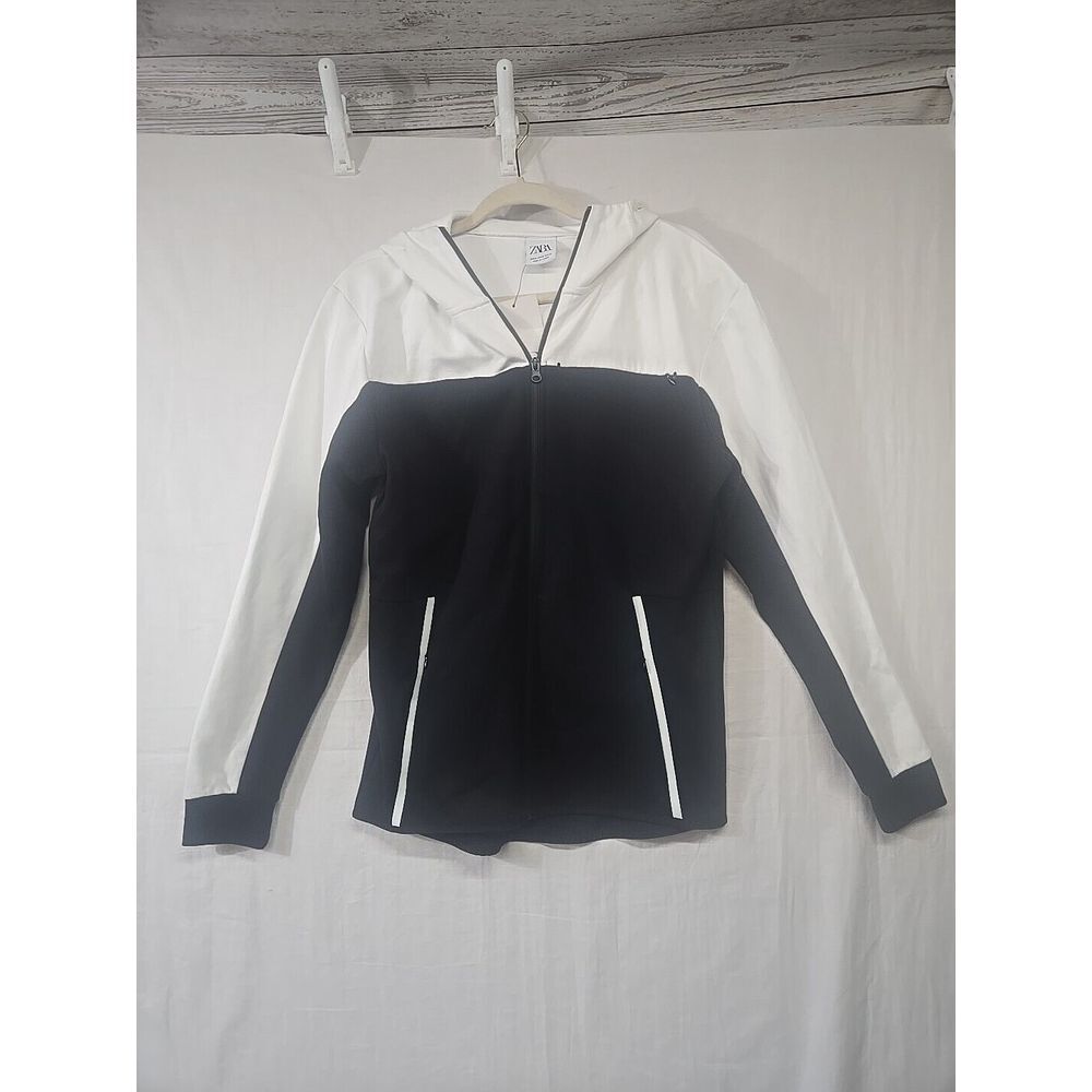 NWT Zara Men's Medium Full Zip Athletic Jacket Hoodie Black White Reflective